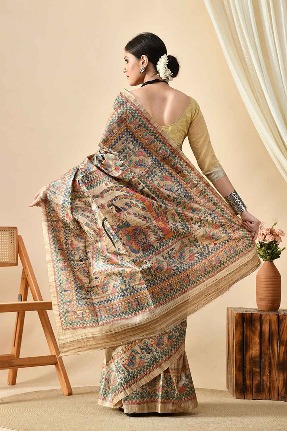 Image of a 6.5 mtr long handwoven pure tussar silk saree - eco-friendly and ideal for dry clean. Buy and shop eco tussar saree online.