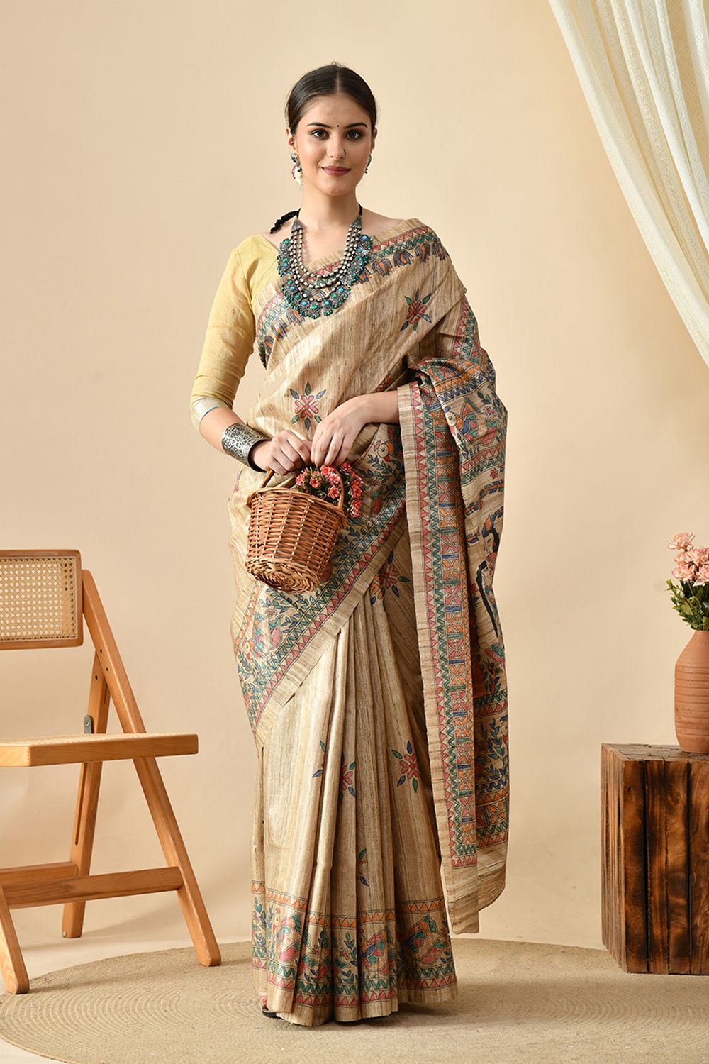 Image of a 6.5 mtr long handwoven pure tussar silk saree - eco-friendly and ideal for dry clean. Buy and shop eco tussar saree online.