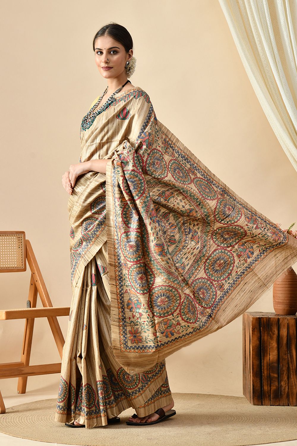 Elegant handwoven eco-friendly tussar silk saree of length 6.5 meters. Easy maintenance with dry clean suggested.