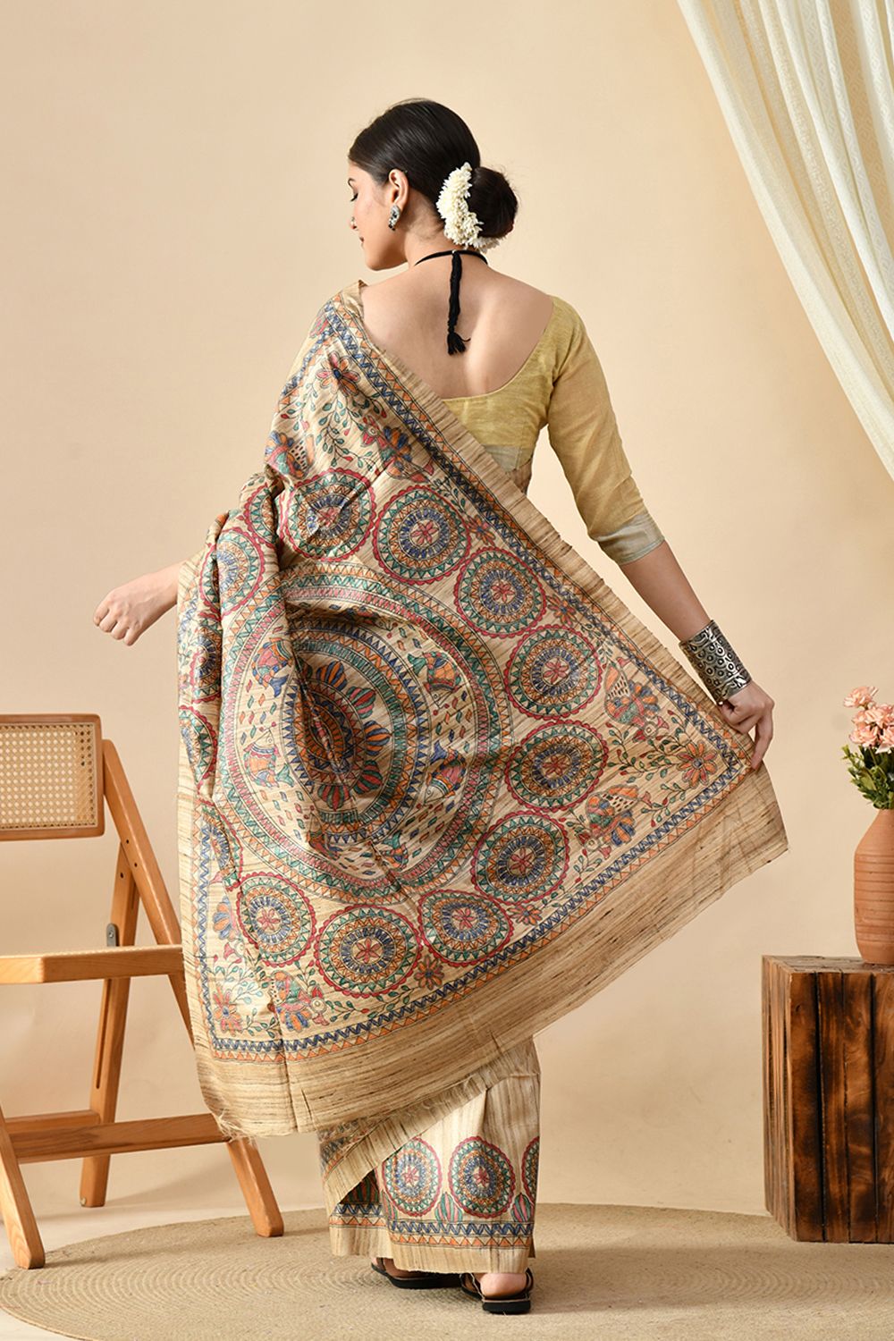 Elegant handwoven eco-friendly tussar silk saree of length 6.5 meters. Easy maintenance with dry clean suggested.