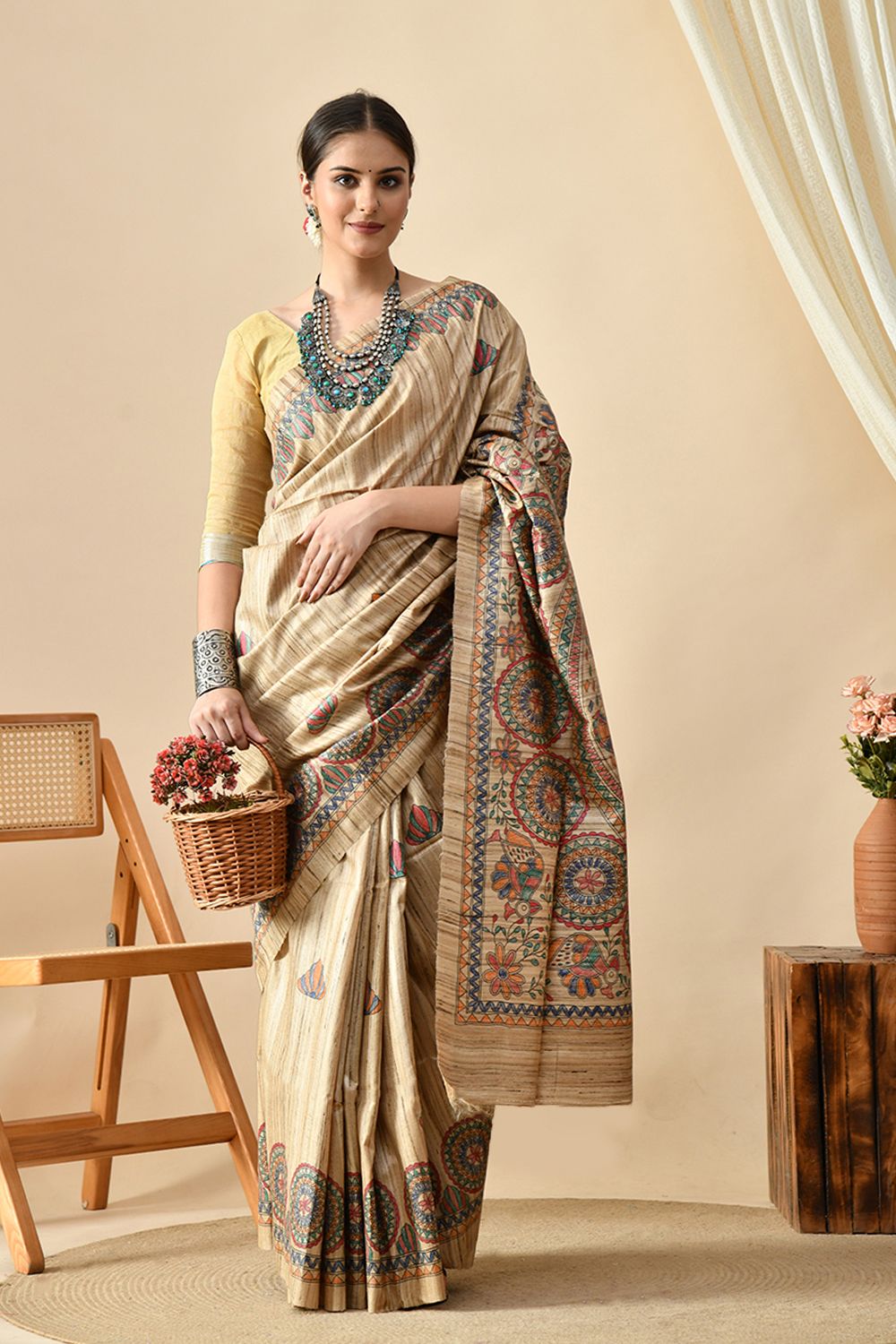 Elegant handwoven eco-friendly tussar silk saree of length 6.5 meters. Easy maintenance with dry clean suggested.