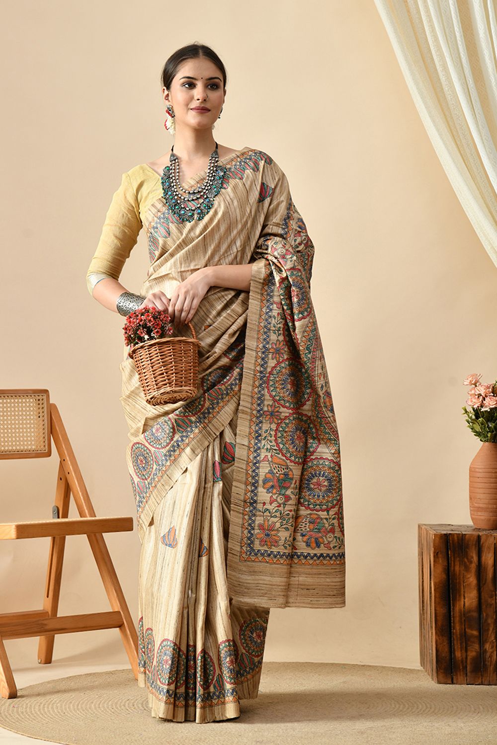 Elegant handwoven eco-friendly tussar silk saree of length 6.5 meters. Easy maintenance with dry clean suggested.