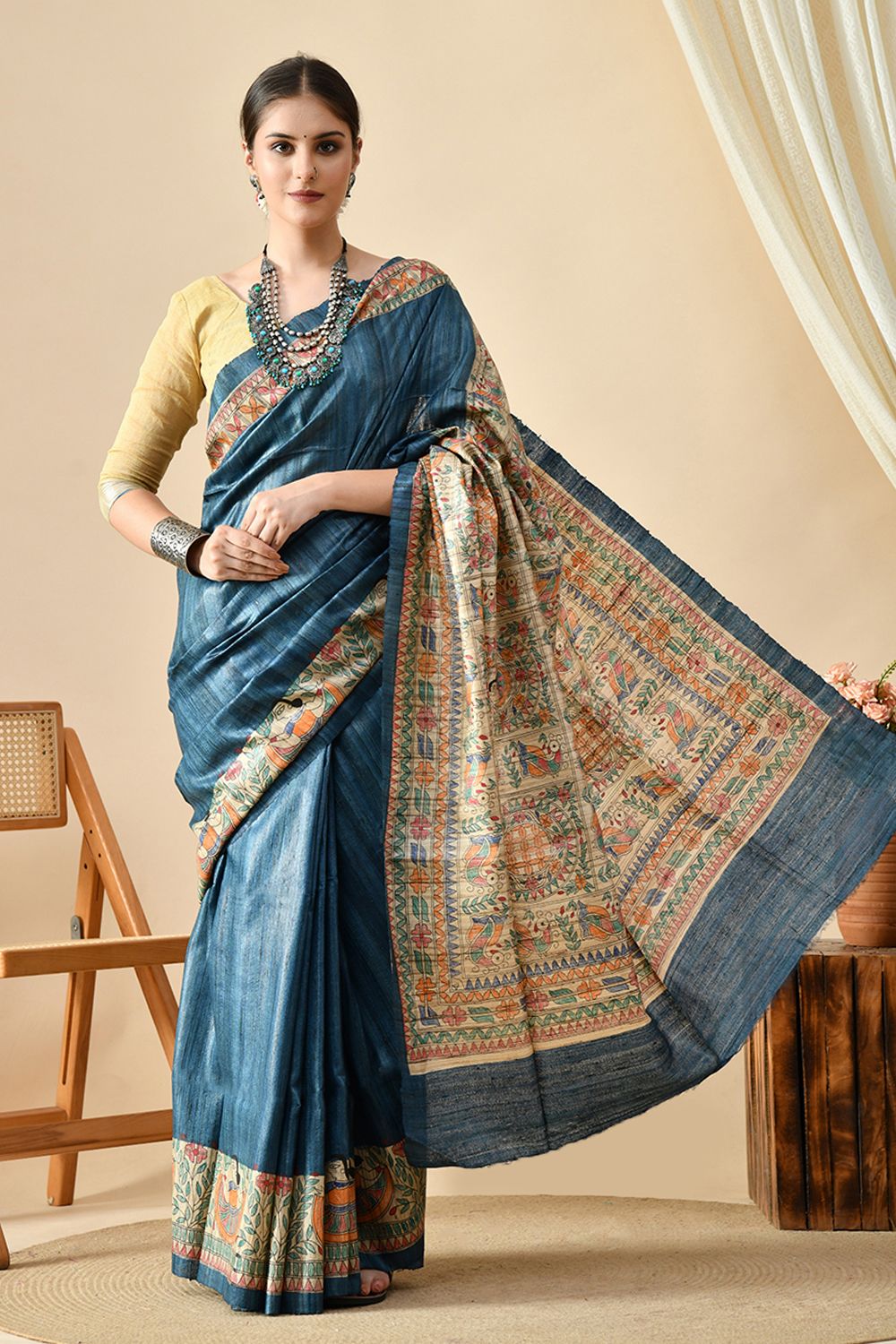 Elegant handwoven eco-friendly Tussar Silk saree of 6.5 meters, best for dry clean.