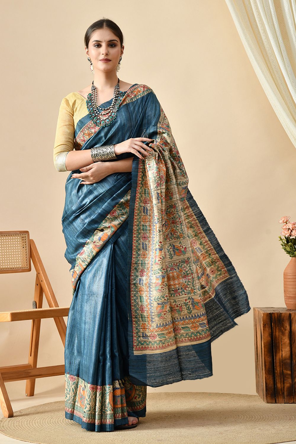 Elegant handwoven eco-friendly Tussar Silk saree of 6.5 meters, best for dry clean.