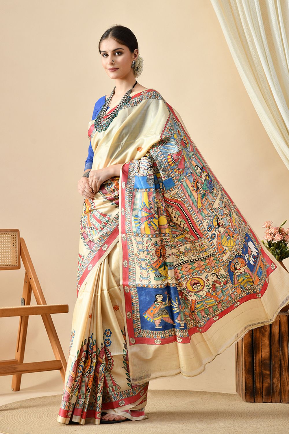 Elegant eco-friendly pure tussar silk saree handwoven in length of 6.5 meters, recommended dry clean for care, perfect to shop online.