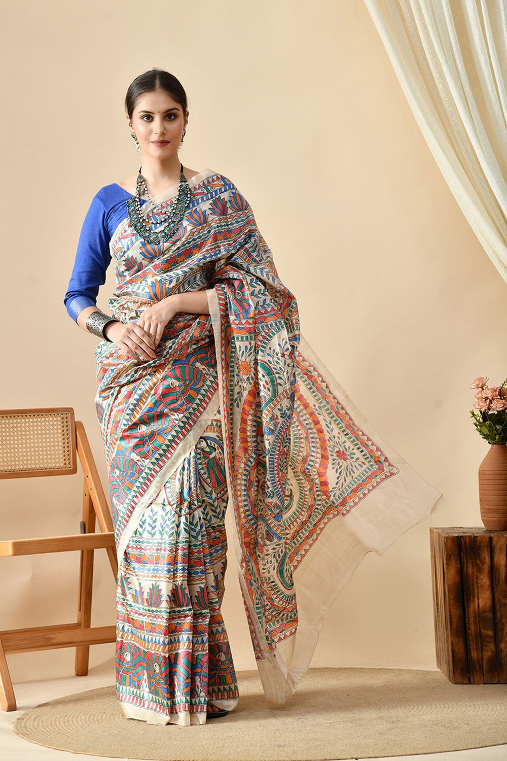 An elegant eco-friendly handwoven tussar silk saree in natural dye, 6.5 mtr. in length. Best maintained with dry cleaning.