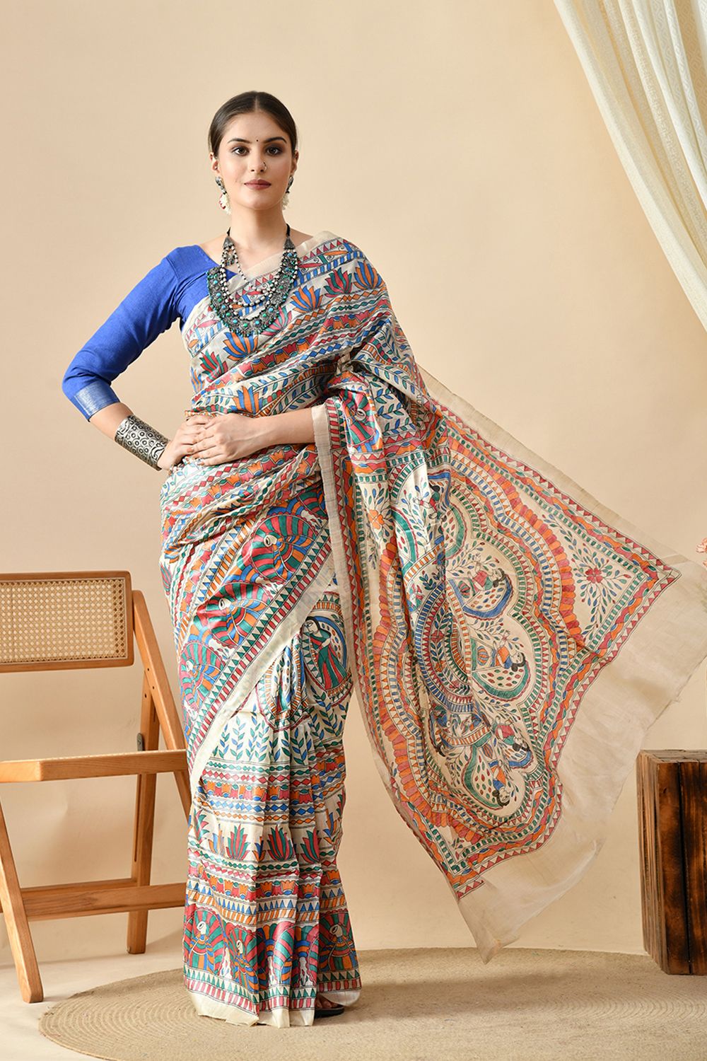 An elegant eco-friendly handwoven tussar silk saree in natural dye, 6.5 mtr. in length. Best maintained with dry cleaning.