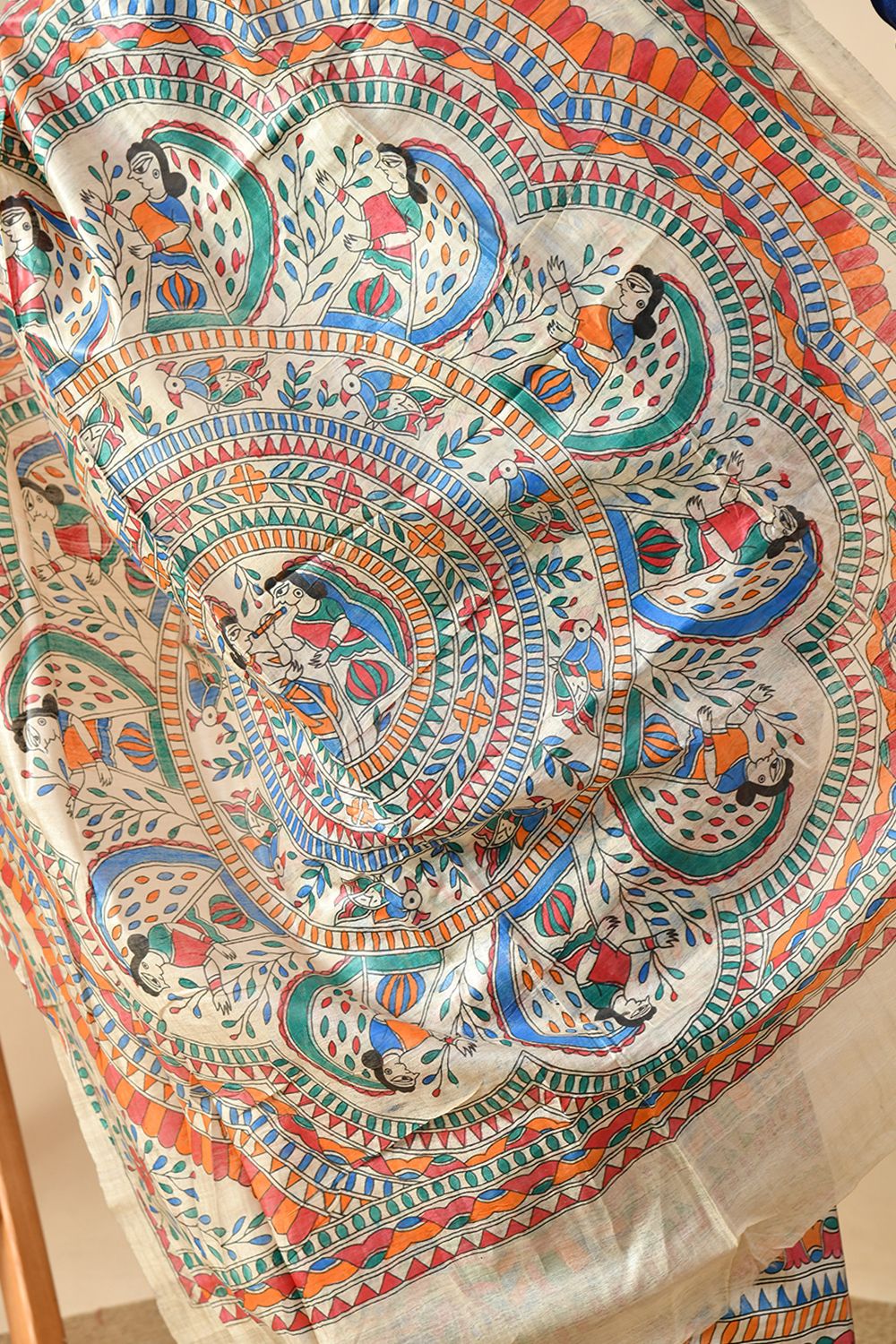 An elegant eco-friendly handwoven tussar silk saree in natural dye, 6.5 mtr. in length. Best maintained with dry cleaning.