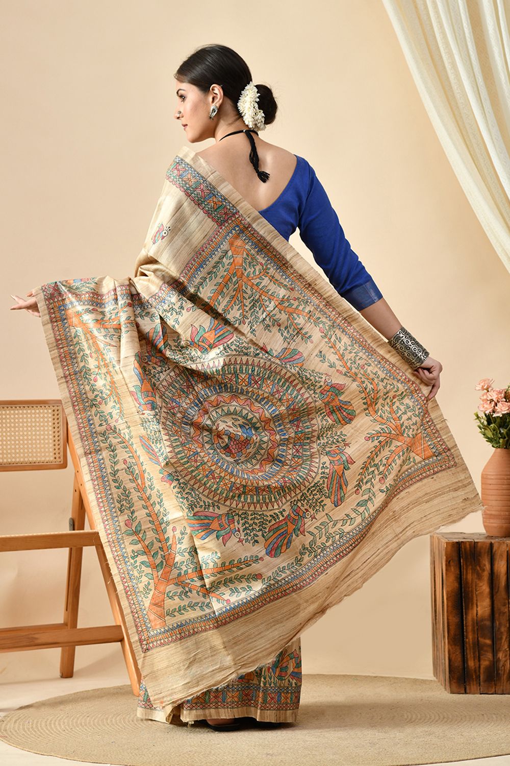 Elegant handwoven Tussar silk saree, eco-friendly, 6.5 meters long, suitable for dry cleaning. Shop this pure Tussar saree online.