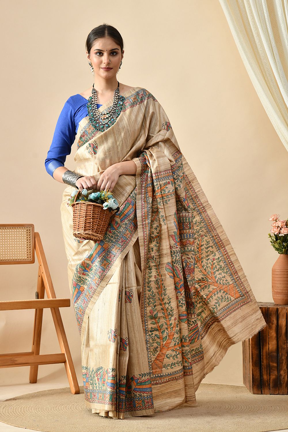Elegant handwoven Tussar silk saree, eco-friendly, 6.5 meters long, suitable for dry cleaning. Shop this pure Tussar saree online.