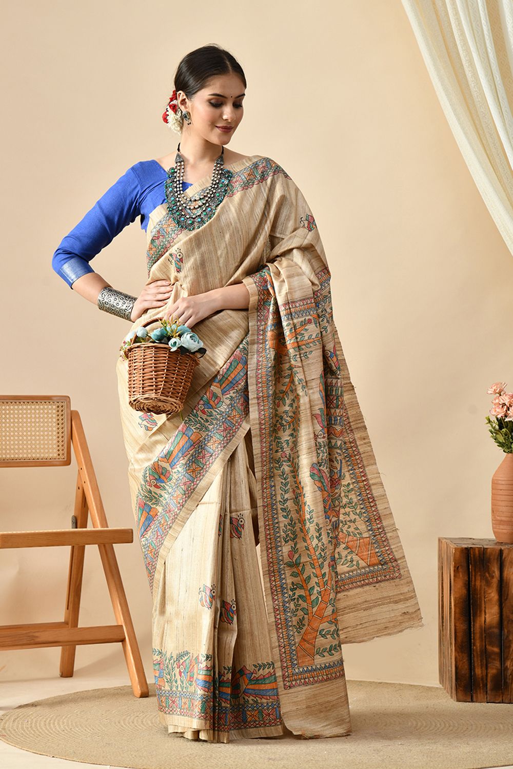 Elegant handwoven Tussar silk saree, eco-friendly, 6.5 meters long, suitable for dry cleaning. Shop this pure Tussar saree online.