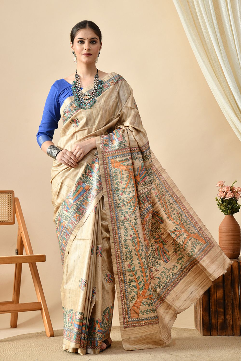 Elegant handwoven Tussar silk saree, eco-friendly, 6.5 meters long, suitable for dry cleaning. Shop this pure Tussar saree online.
