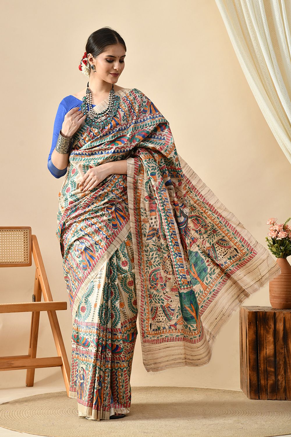 Exquisite Harmony: Eco-Friendly, Handwoven Madhubani Tussar Silk Saree