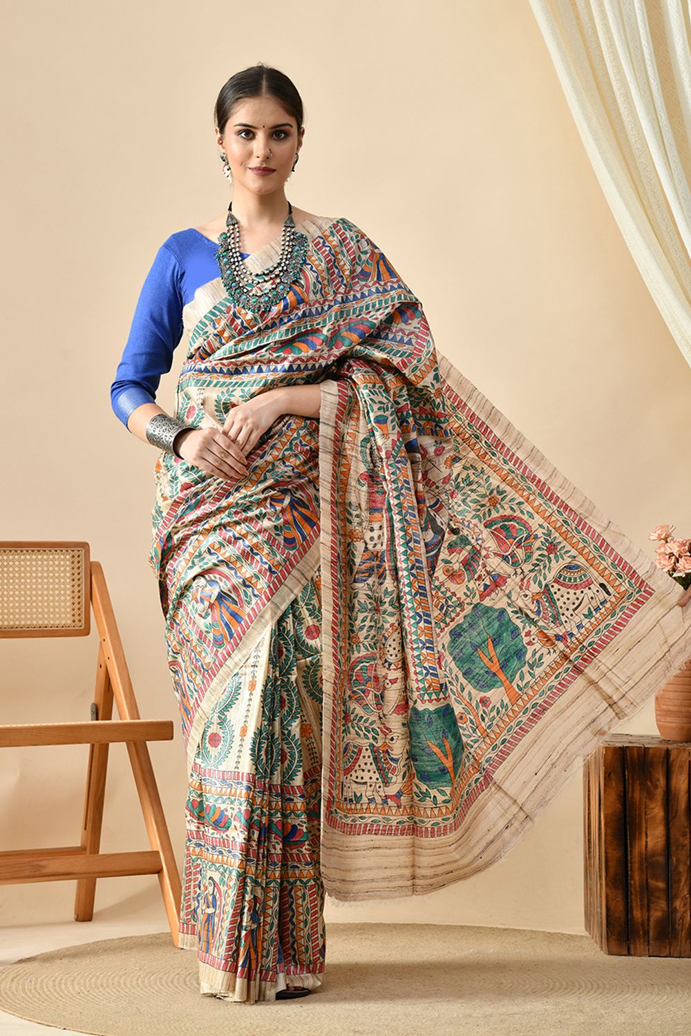 Exquisite Harmony: Eco-Friendly, Handwoven Madhubani Tussar Silk Saree