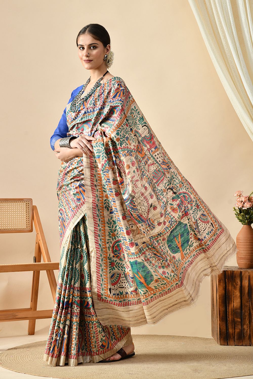 Exquisite Harmony: Eco-Friendly, Handwoven Madhubani Tussar Silk Saree