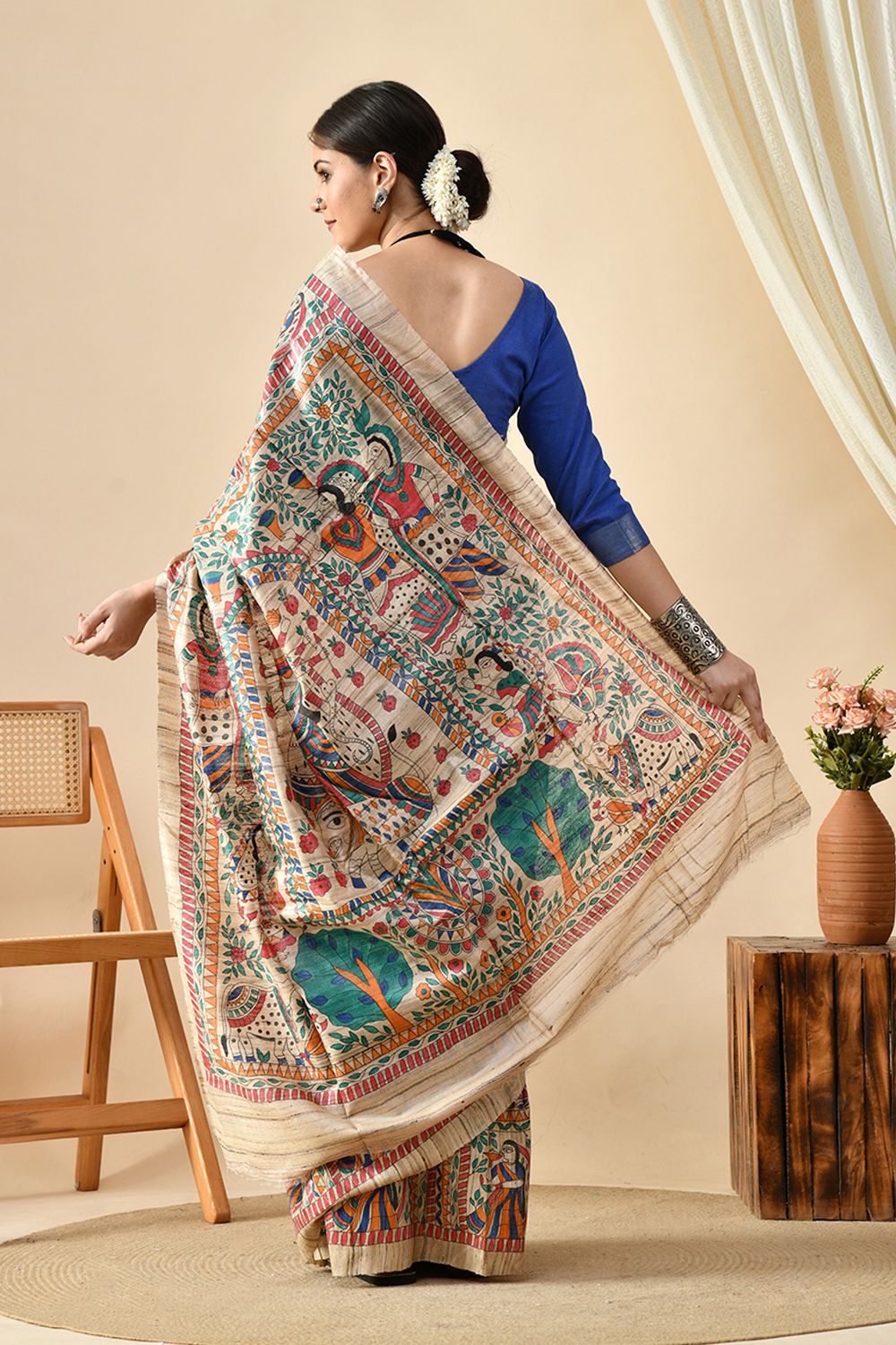 Exquisite Harmony: Eco-Friendly, Handwoven Madhubani Tussar Silk Saree