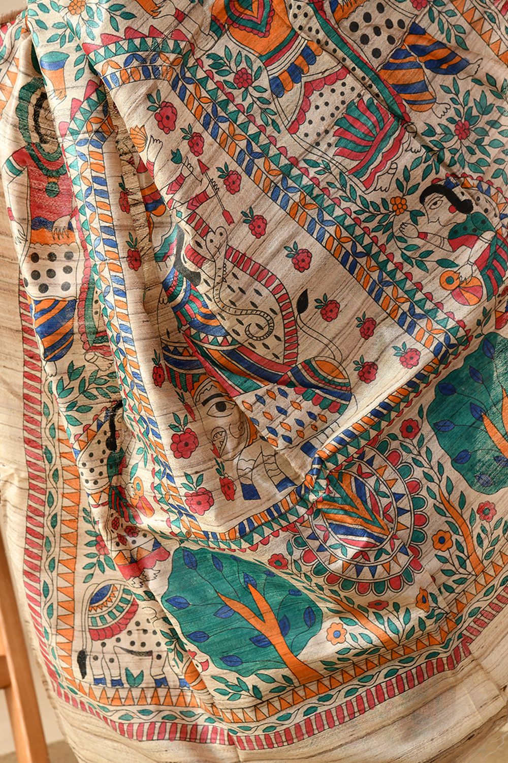 Exquisite Harmony: Eco-Friendly, Handwoven Madhubani Tussar Silk Saree