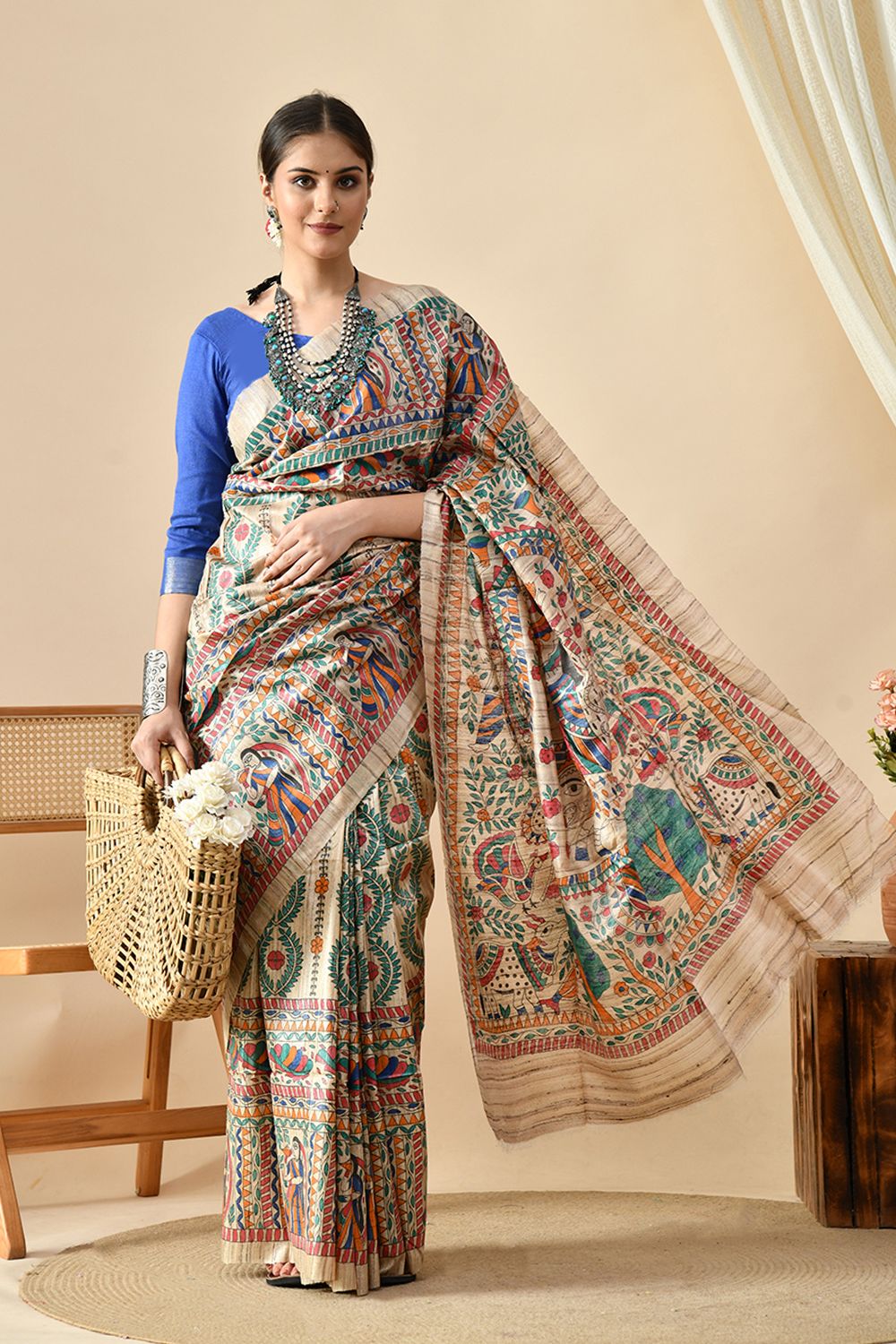 Exquisite Harmony: Eco-Friendly, Handwoven Madhubani Tussar Silk Saree