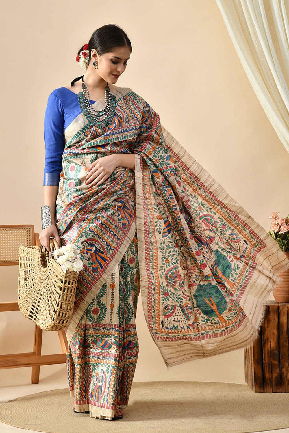 Exquisite Harmony: Eco-Friendly, Handwoven Madhubani Tussar Silk Saree