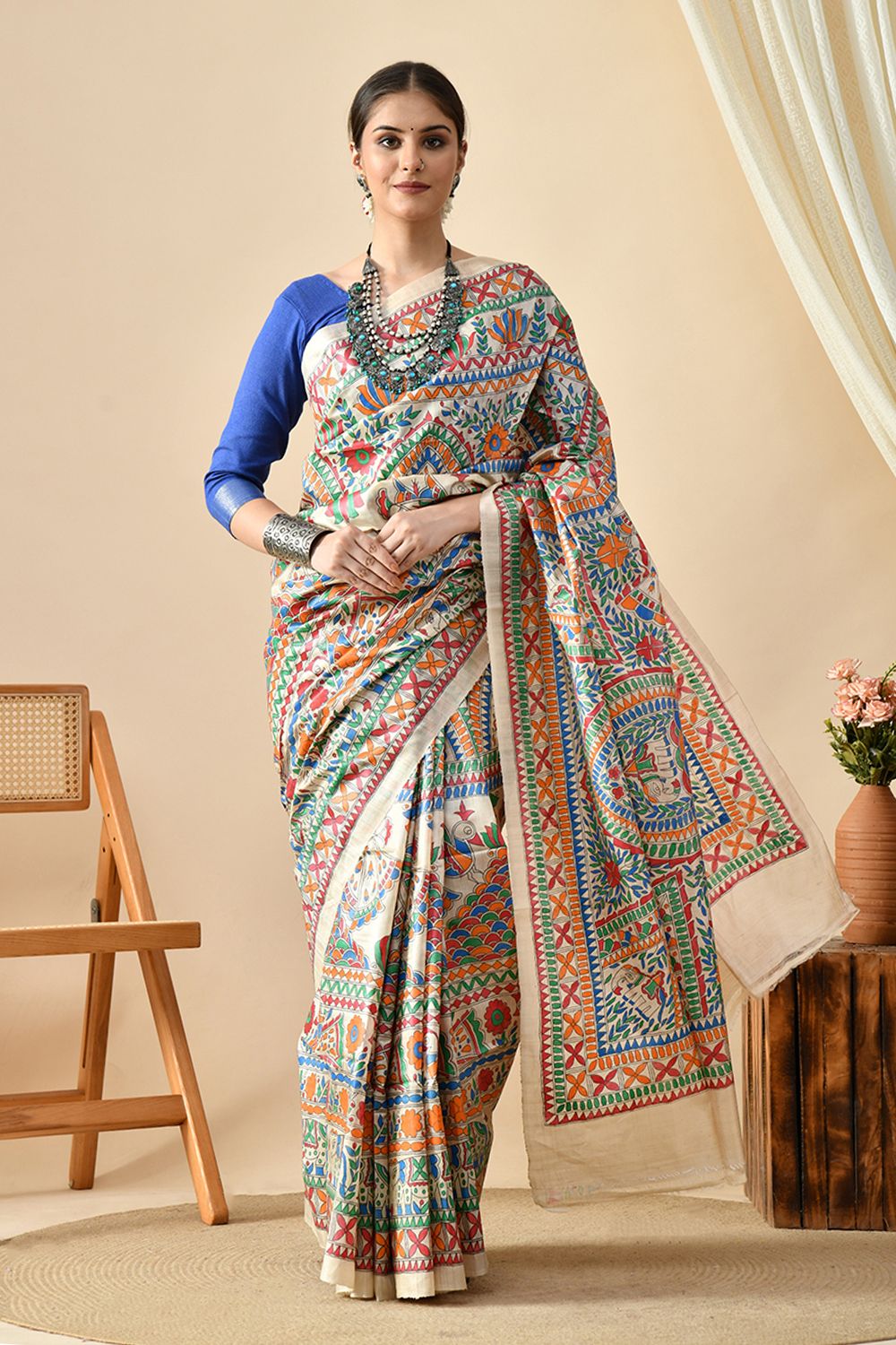 Elegant handwoven eco-friendly pure tussar silk saree of length 6.5 meters, best maintained with dry cleaning, available for online shopping.