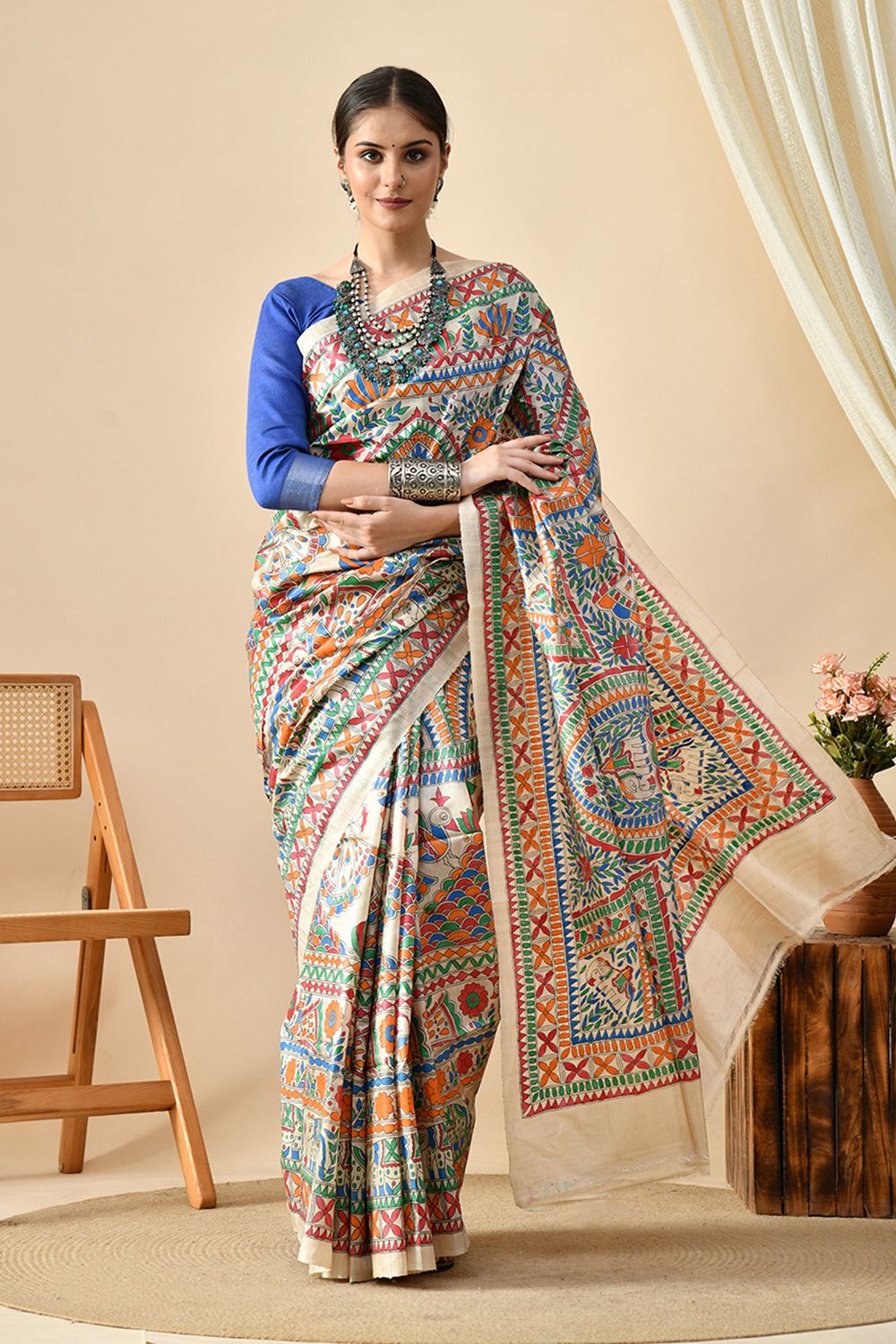 Elegant handwoven eco-friendly pure tussar silk saree of length 6.5 meters, best maintained with dry cleaning, available for online shopping.