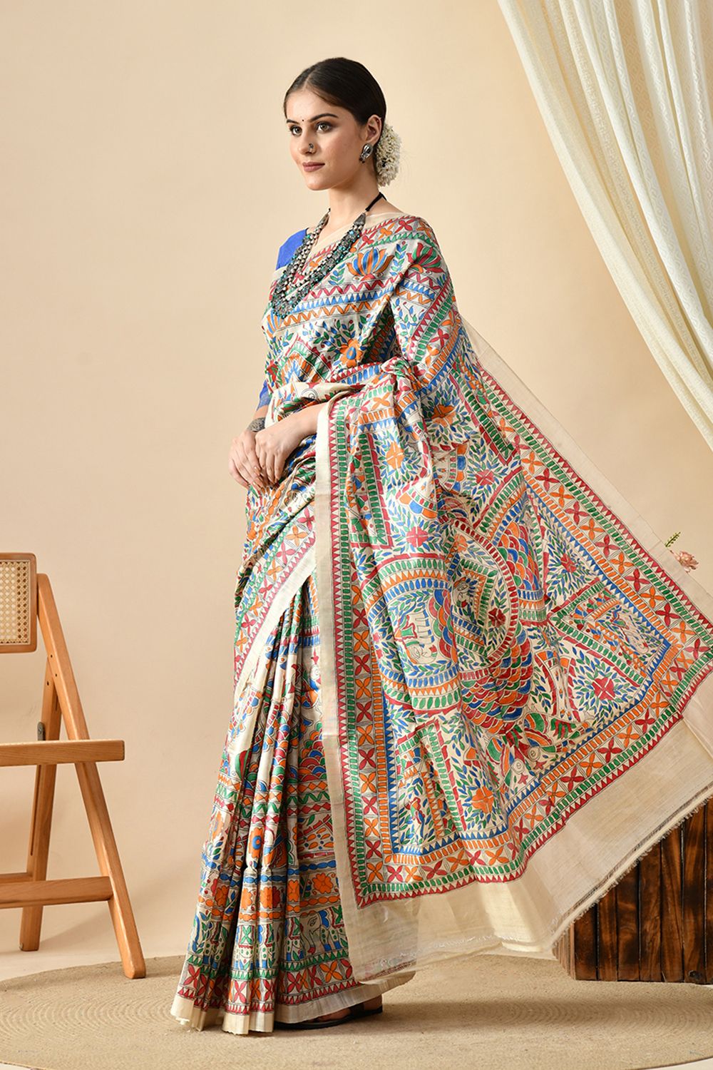 Elegant handwoven eco-friendly pure tussar silk saree of length 6.5 meters, best maintained with dry cleaning, available for online shopping.