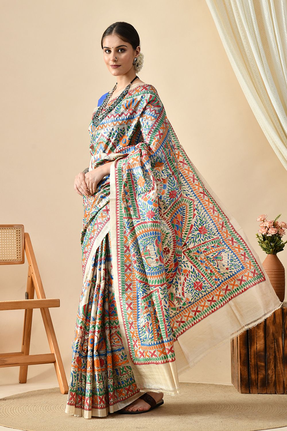 Elegant handwoven eco-friendly pure tussar silk saree of length 6.5 meters, best maintained with dry cleaning, available for online shopping.