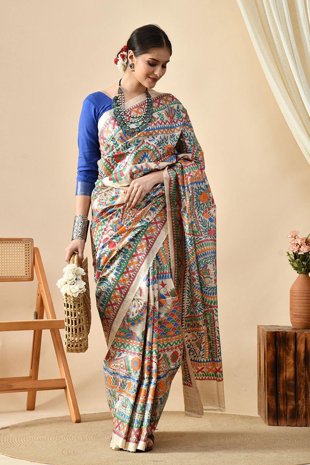 Elegant handwoven eco-friendly pure tussar silk saree of length 6.5 meters, best maintained with dry cleaning, available for online shopping.