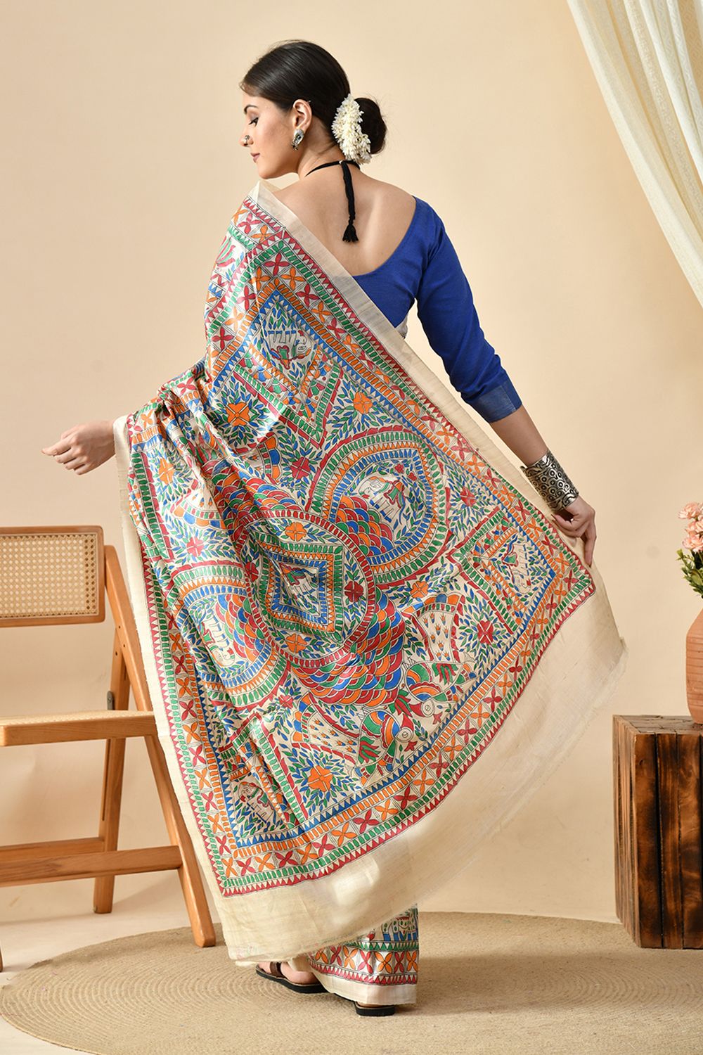 Elegant handwoven eco-friendly pure tussar silk saree of length 6.5 meters, best maintained with dry cleaning, available for online shopping.
