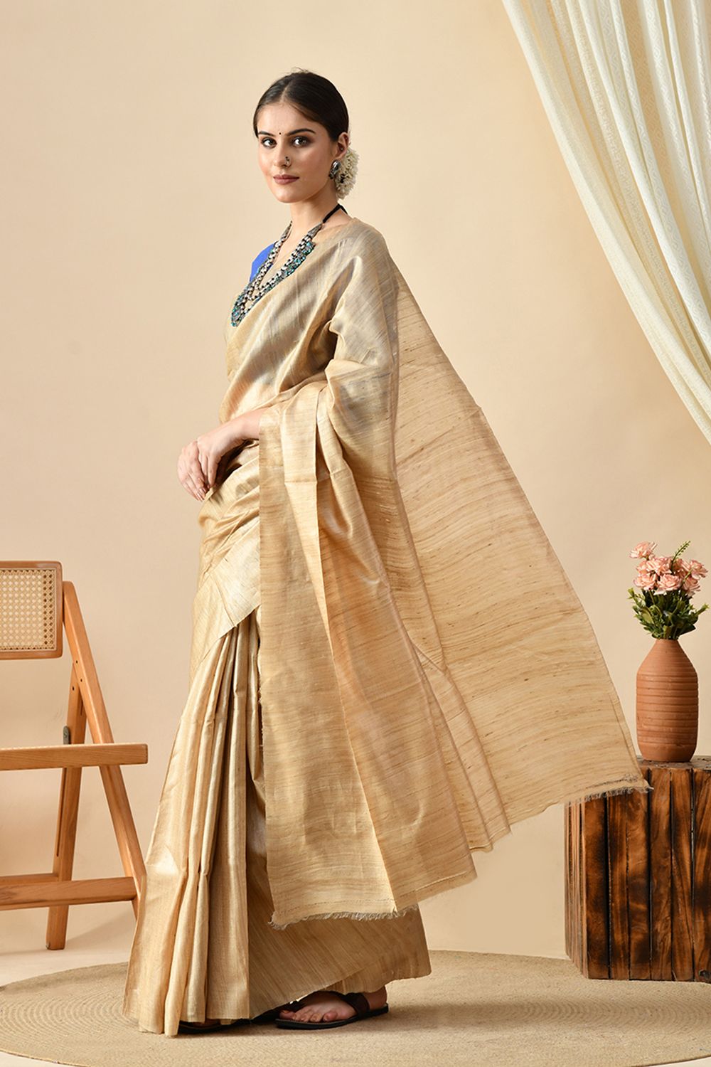 Eco-Luxury Style Statement: Handwoven Desi Tussar Silk Saree