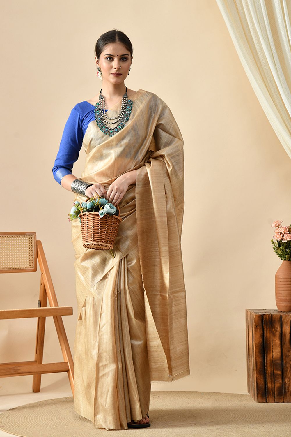 Eco-Luxury Style Statement: Handwoven Desi Tussar Silk Saree