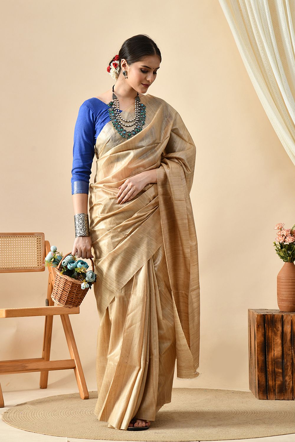 Eco-Luxury Style Statement: Handwoven Desi Tussar Silk Saree