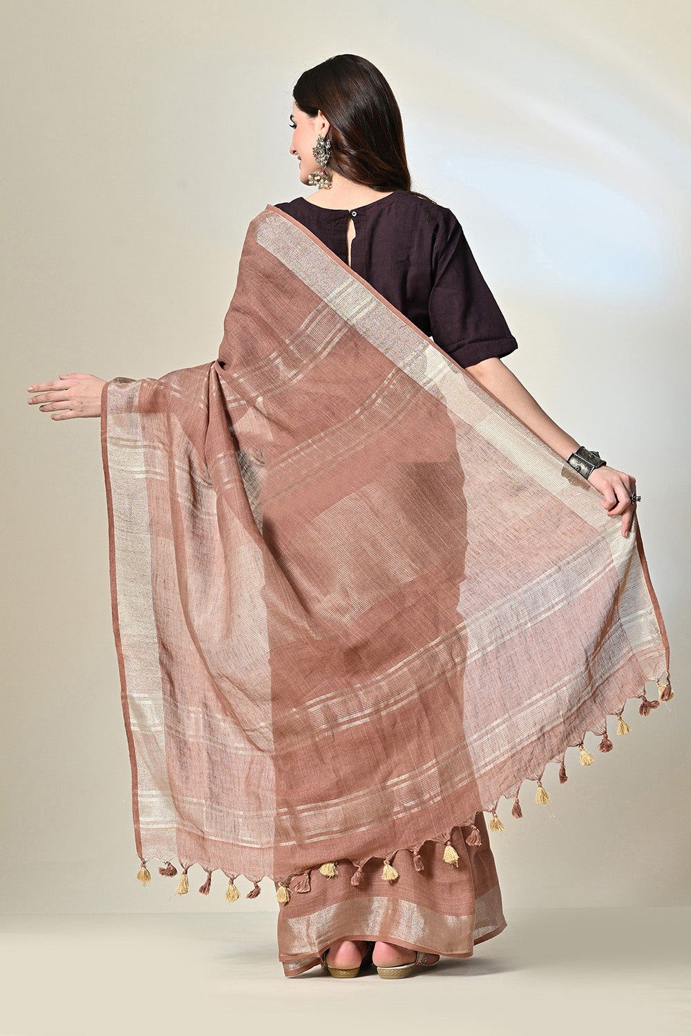 Eco-friendly 6.5 mtr brown linen saree dyed with natural Catechu, perfect for vegan and eco-conscious fashion, dry clean recommended.