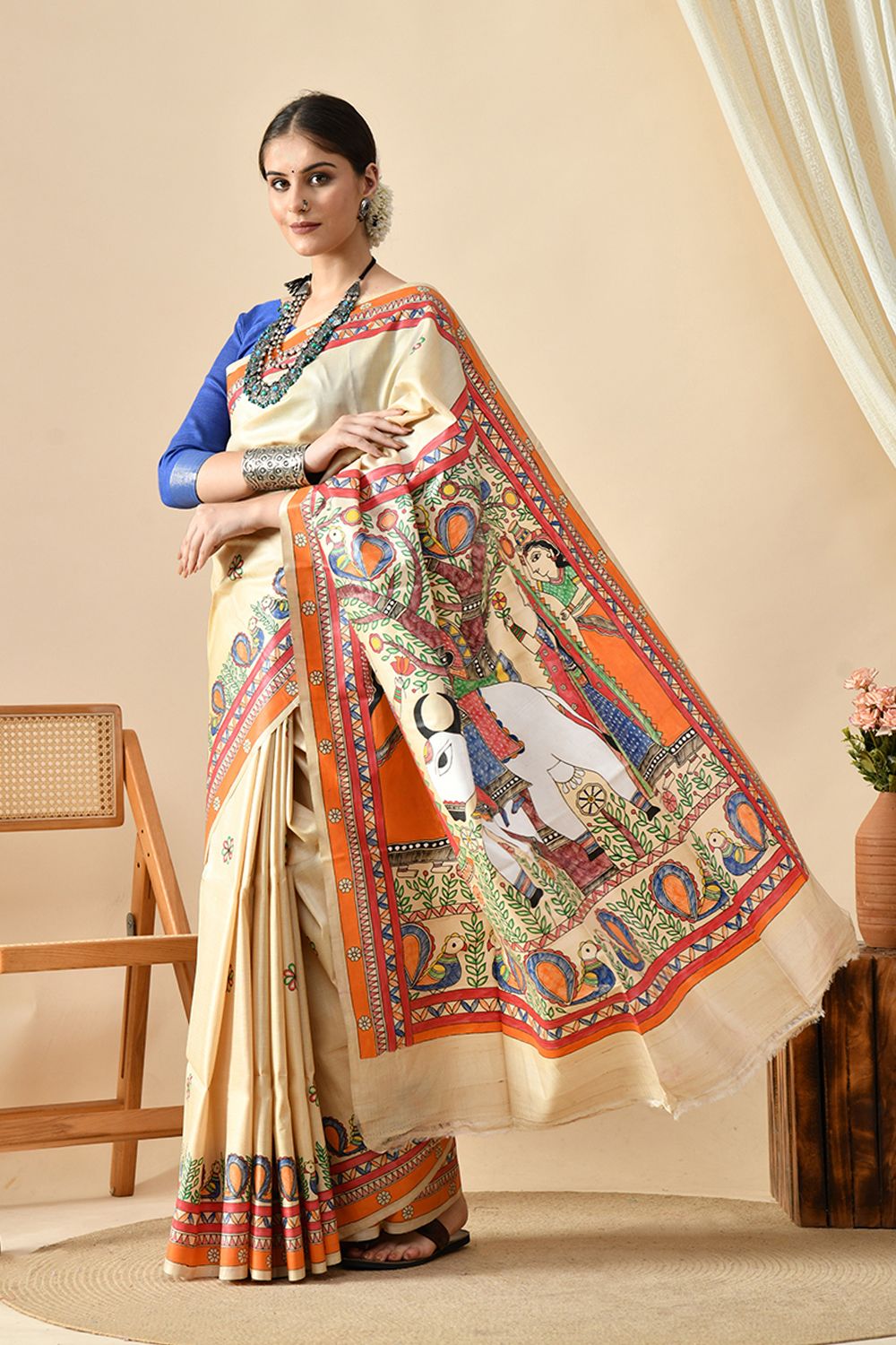 Image of a eco-friendly, handwoven pure tussar silk saree of length 6.5 mtr. Dry clean recommended for maintenance.