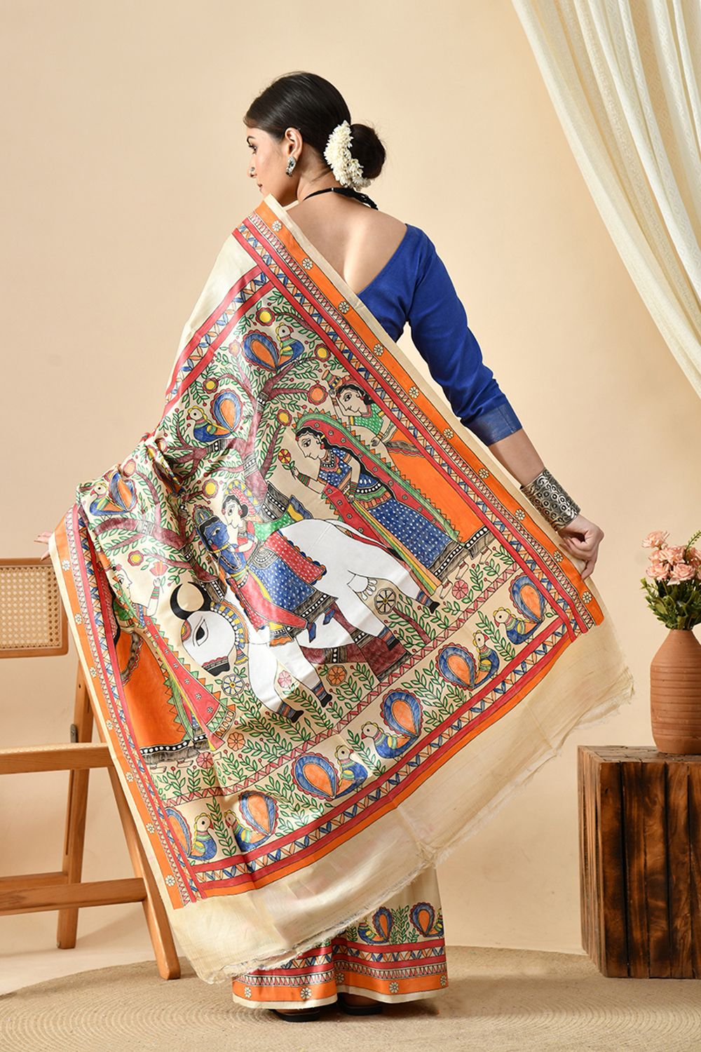 Image of a eco-friendly, handwoven pure tussar silk saree of length 6.5 mtr. Dry clean recommended for maintenance.