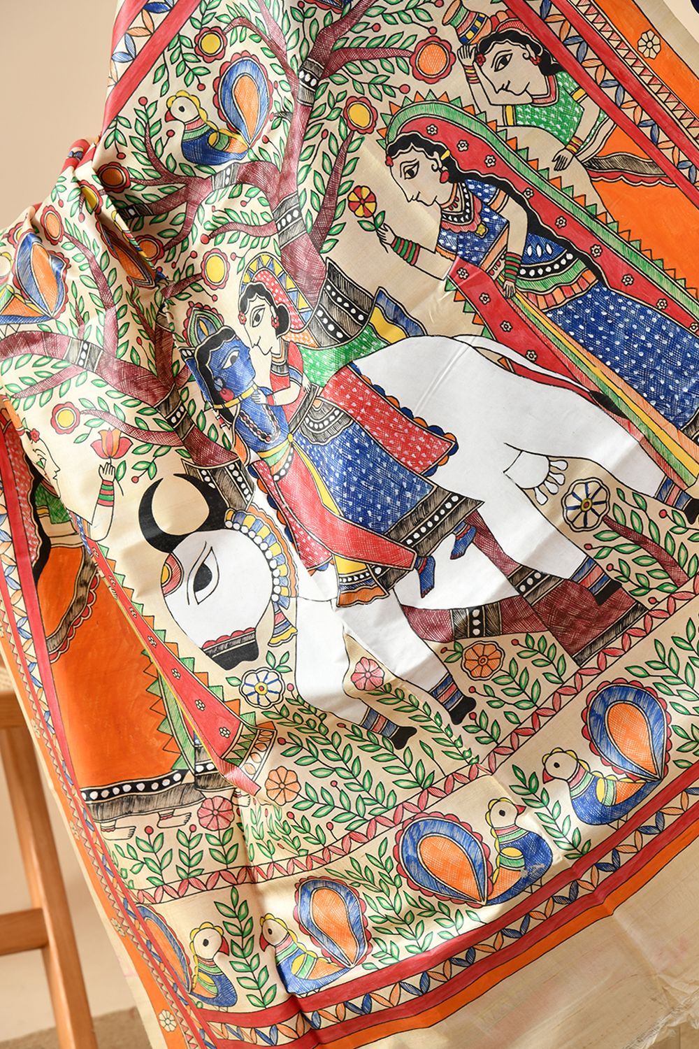 Image of a eco-friendly, handwoven pure tussar silk saree of length 6.5 mtr. Dry clean recommended for maintenance.