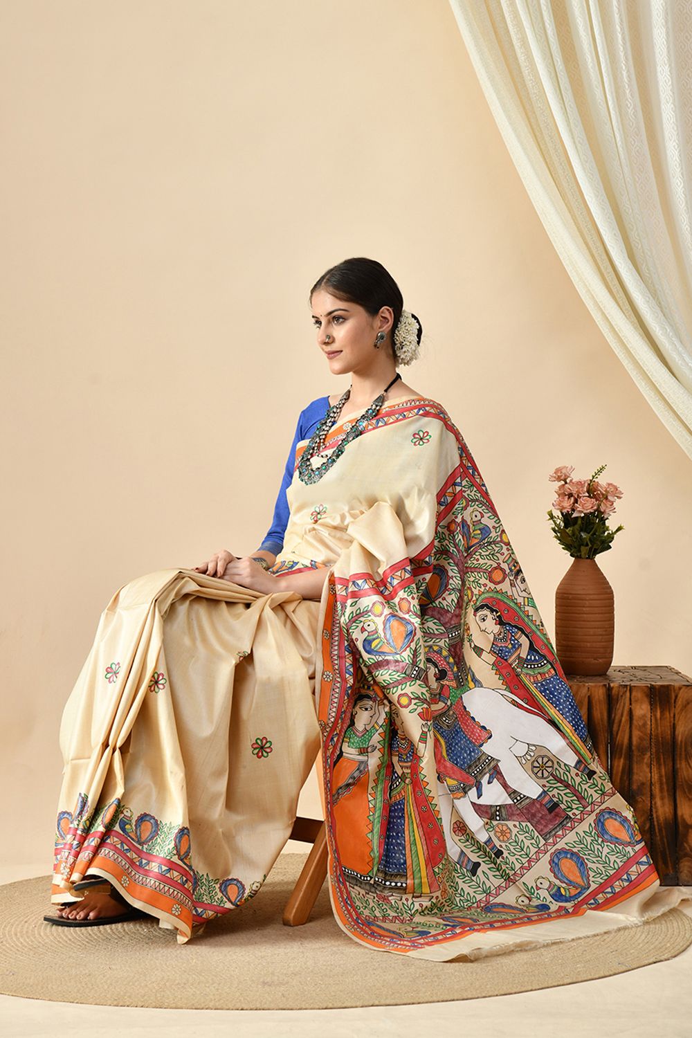 Image of a eco-friendly, handwoven pure tussar silk saree of length 6.5 mtr. Dry clean recommended for maintenance.