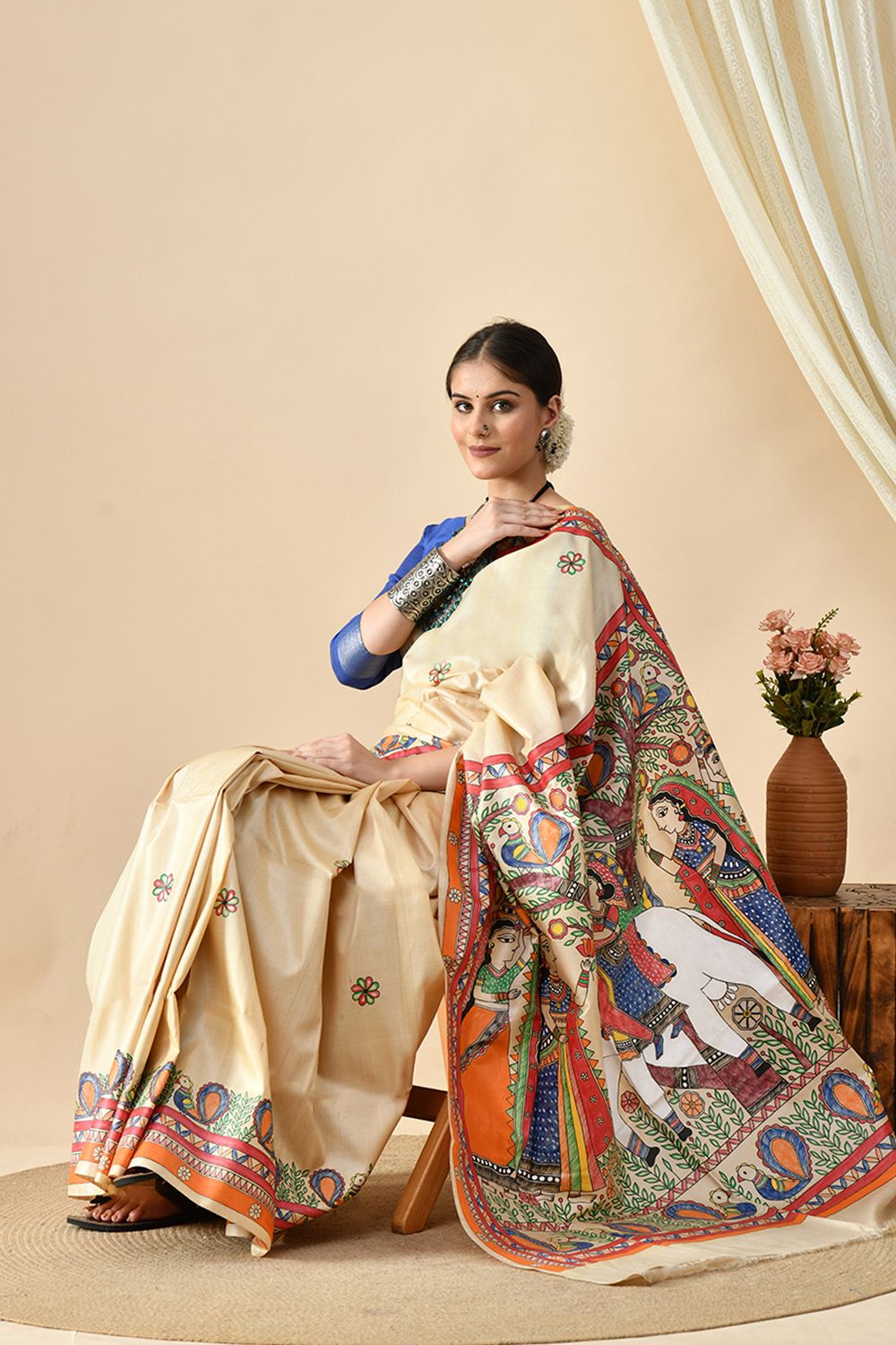 Image of a eco-friendly, handwoven pure tussar silk saree of length 6.5 mtr. Dry clean recommended for maintenance.