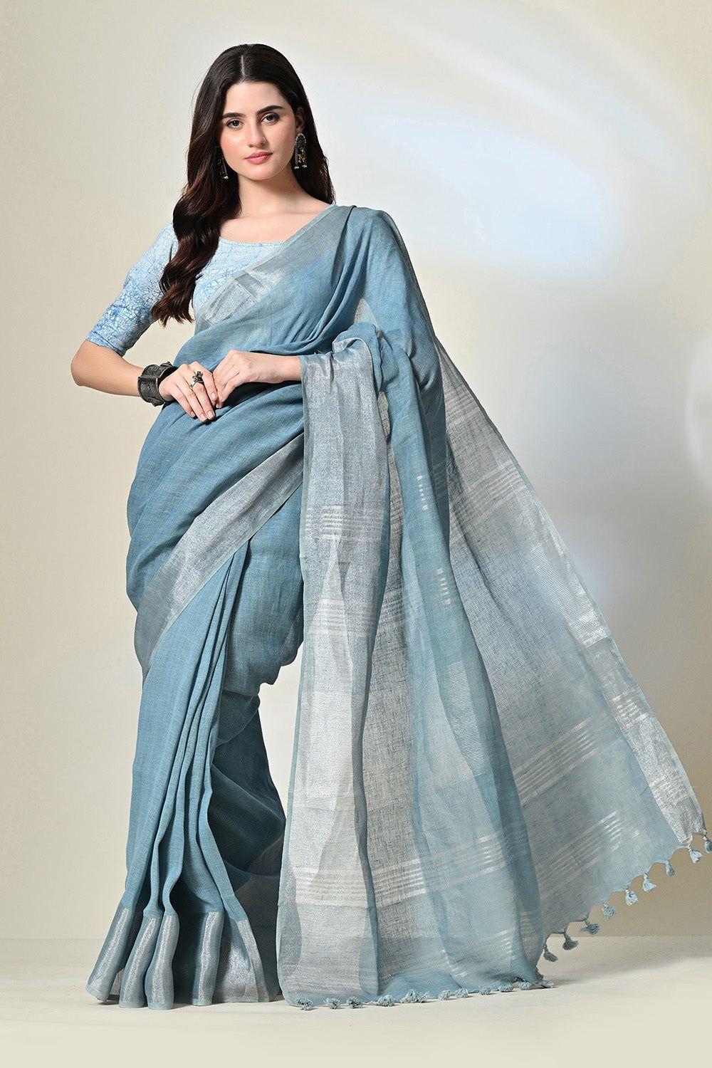 Light indigo Linen saree dyed with natural Neeli, perfect for eco-friendly traditional wear, available for online purchase.