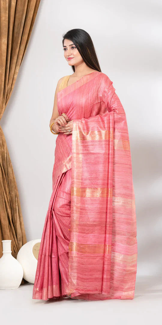 LIGHT PINK JARI PALLU TUSSAR GICCHA SILK SAREE