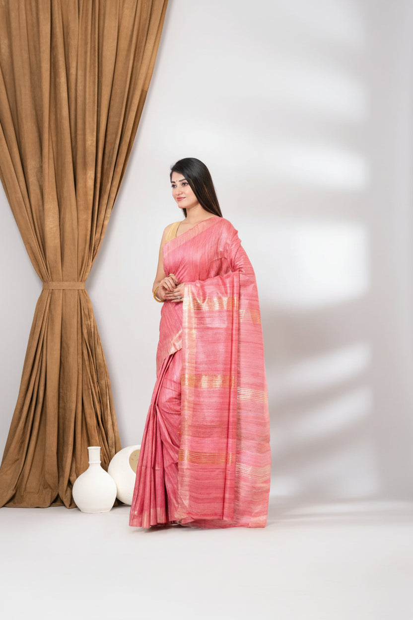 LIGHT PINK JARI PALLU TUSSAR GICCHA SILK SAREE