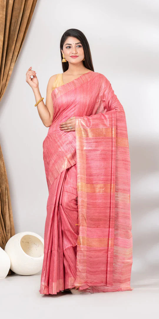 LIGHT PINK JARI PALLU TUSSAR GICCHA SILK SAREE