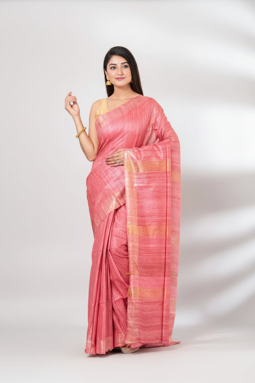 LIGHT PINK JARI PALLU TUSSAR GICCHA SILK SAREE