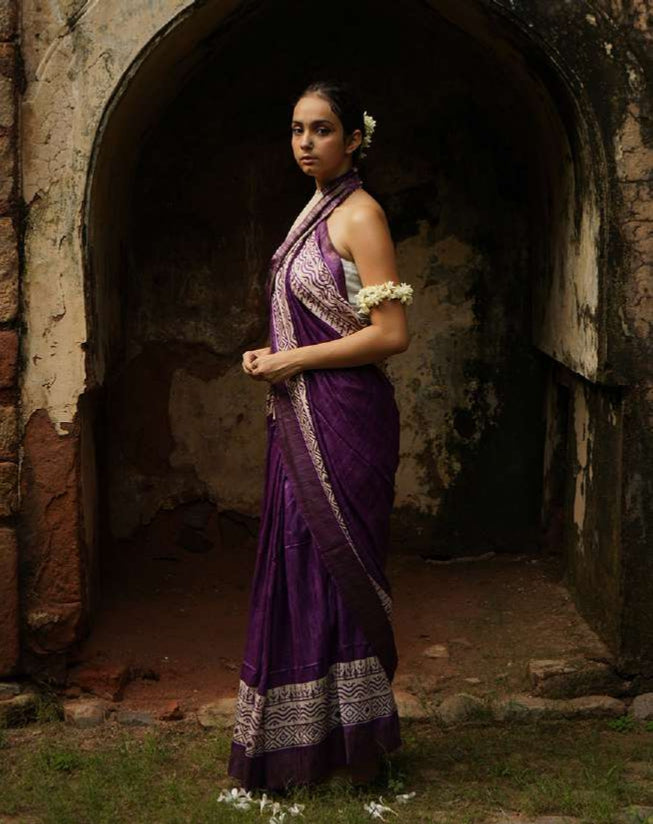 Purple Colour PRINTED TUSSAR GICCHA SILK SAREE