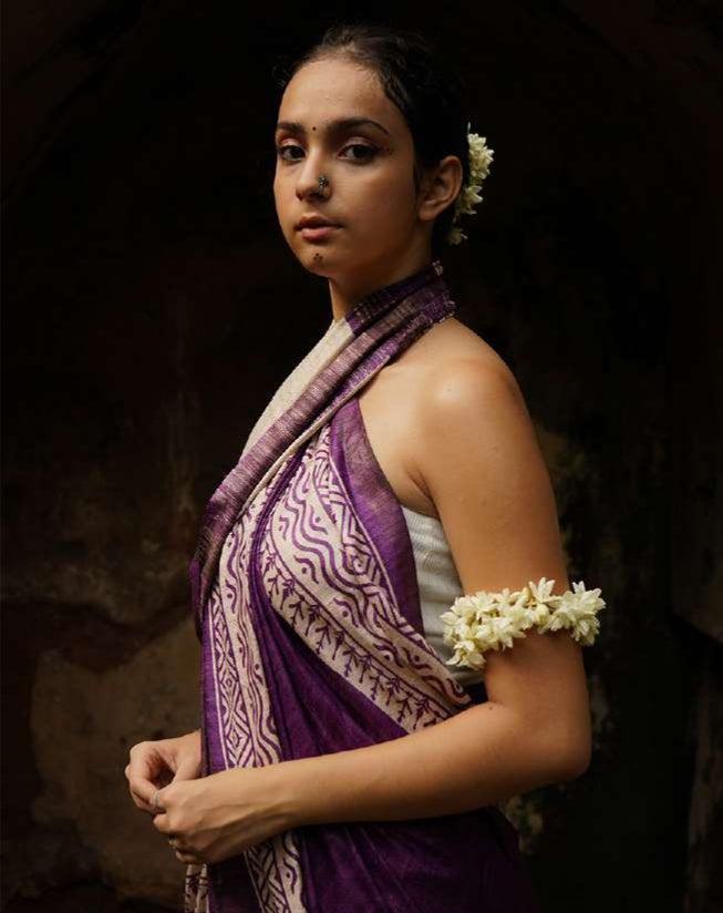 Purple Colour PRINTED TUSSAR GICCHA SILK SAREE