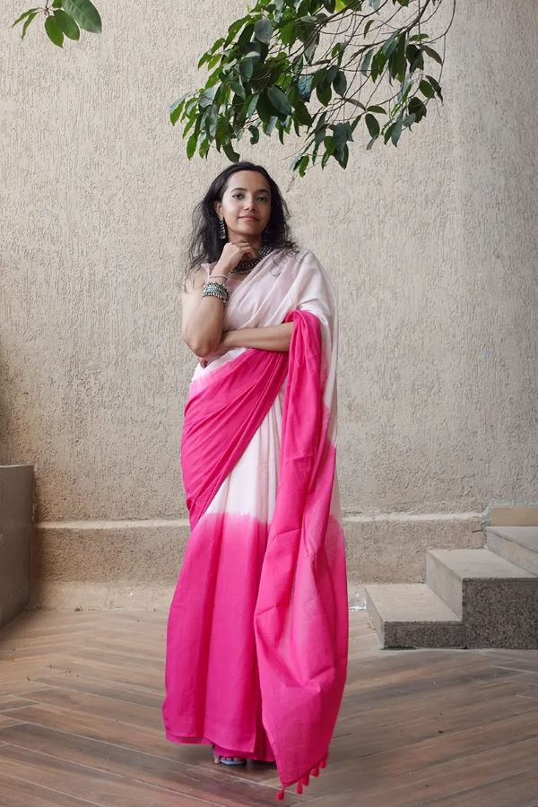 "MUL COTTON WHITE PINK MULTICOLOUR DYED SAREE