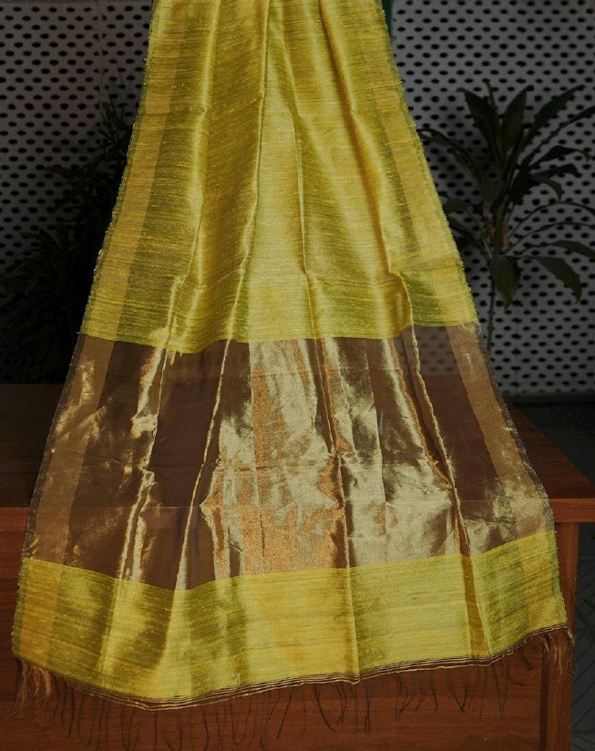 Turmeric Colour Golden Border Raw Natural Tussar Silk Duppata