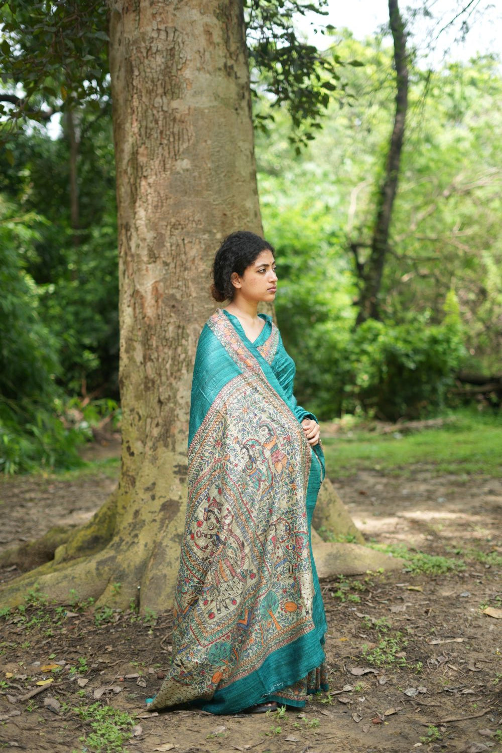 Ethereal Elegance - Green Madhubani Hand Painted Tussar Silk Saree Online
