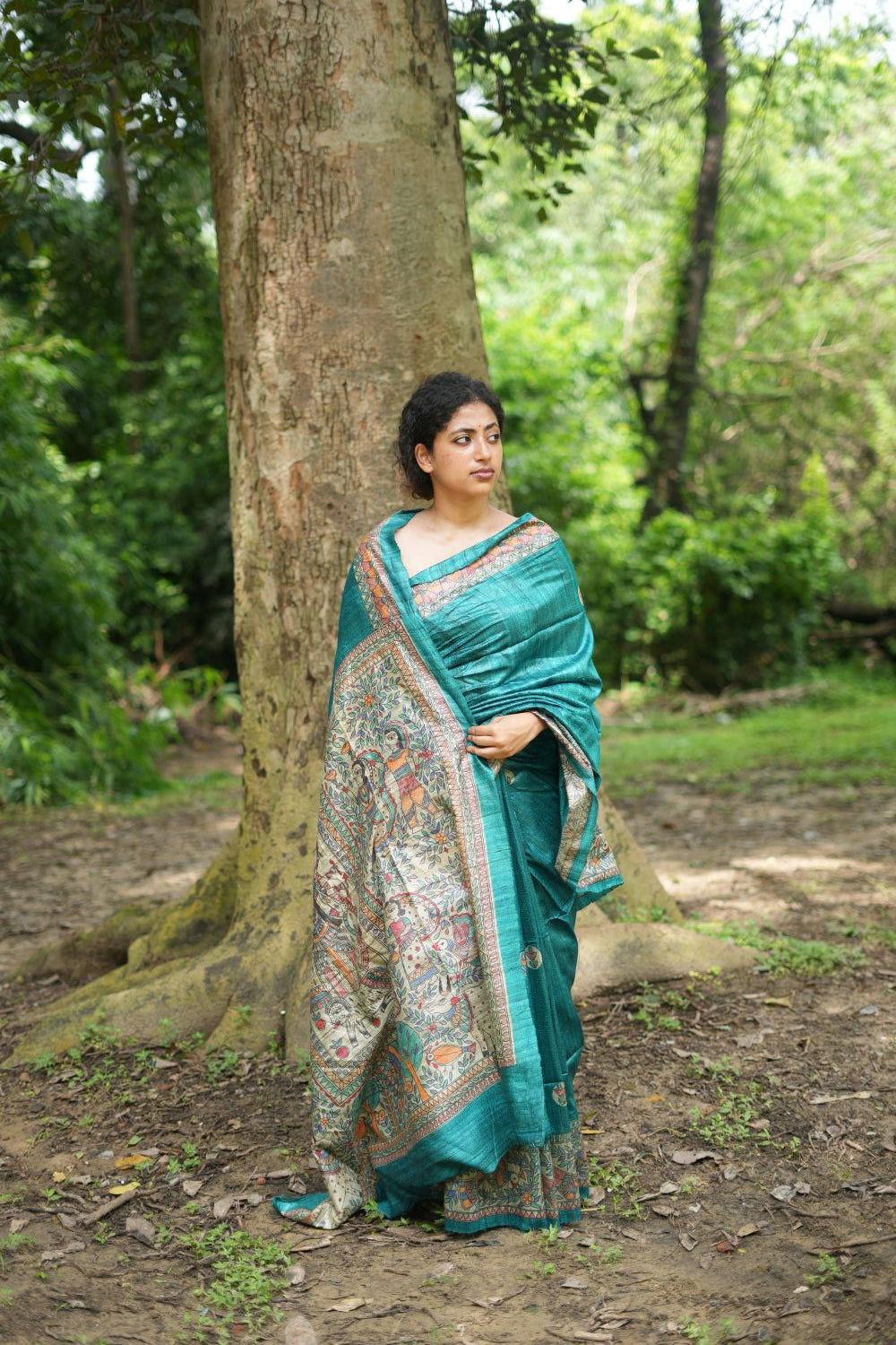 Ethereal Elegance - Green Madhubani Hand Painted Tussar Silk Saree Online
