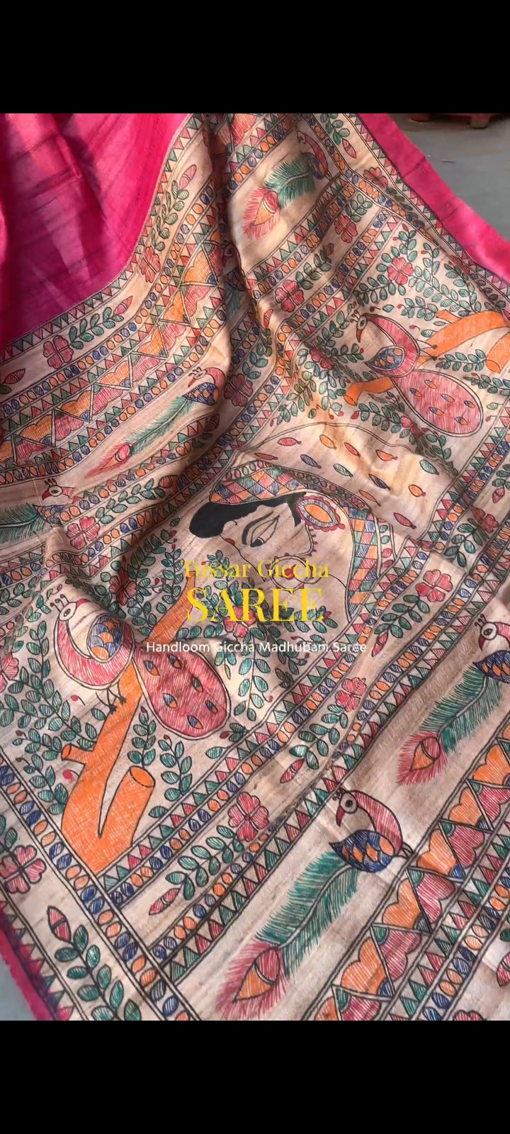 Rani Colourr Pure Tussar Giccha  Silk Madhubani Traditional Motif Handpainted Saree